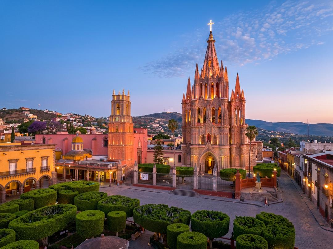 Vista panorámica de San Miguel de Allende con su icónica parroquia