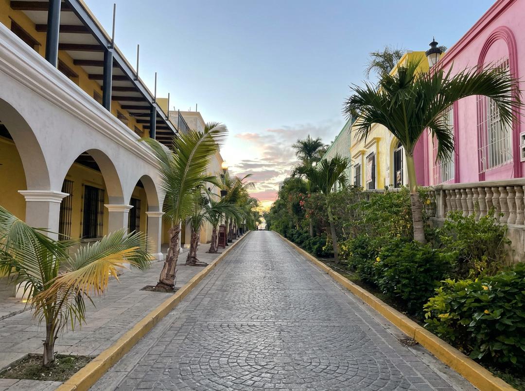 Vista panorámica del malecón en Mazatlán bajo un atardecer dorado